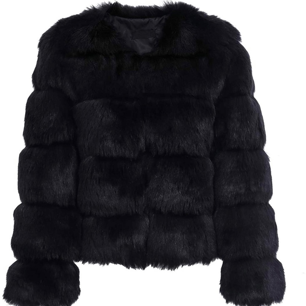 Winter Warm Fluffy Faux Fur Short Coat Jacket Parka Outwear (Black)